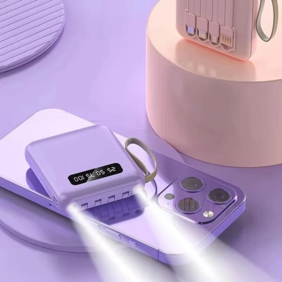 5000mAh Mini Power Bank med Inbyggda Kablar | + Inbyggd Ficklampa