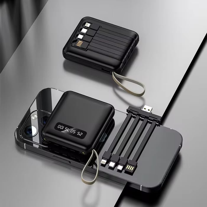 5000mAh Mini Power Bank med Inbyggda Kablar | + Inbyggd Ficklampa